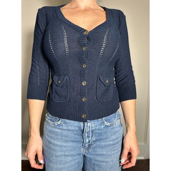 Charter Club Preppy Blue Crochet Short Sleeve Top Size SP - Picture 1 of 4
